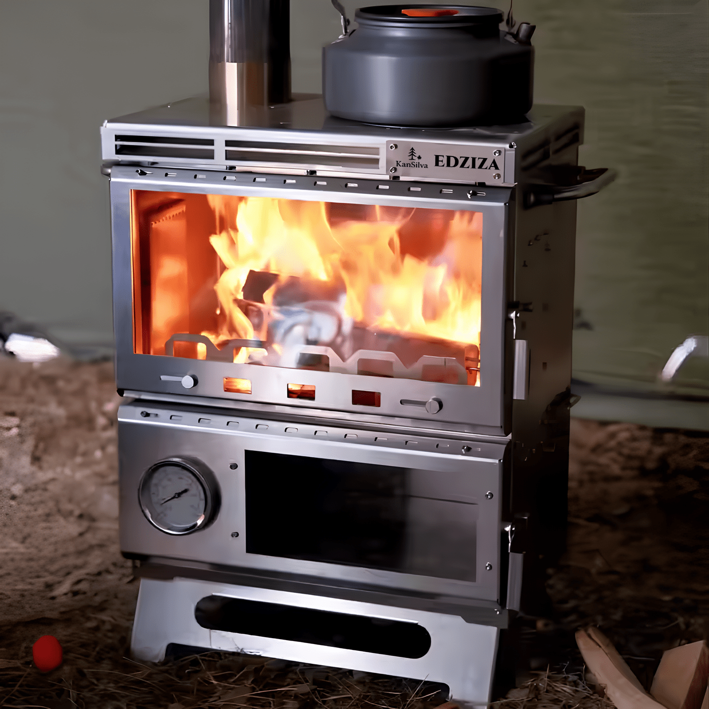 Poêle à bois Edziza en acier inoxydable 304 de KanSilva - vue en utilisation avec feu allumé