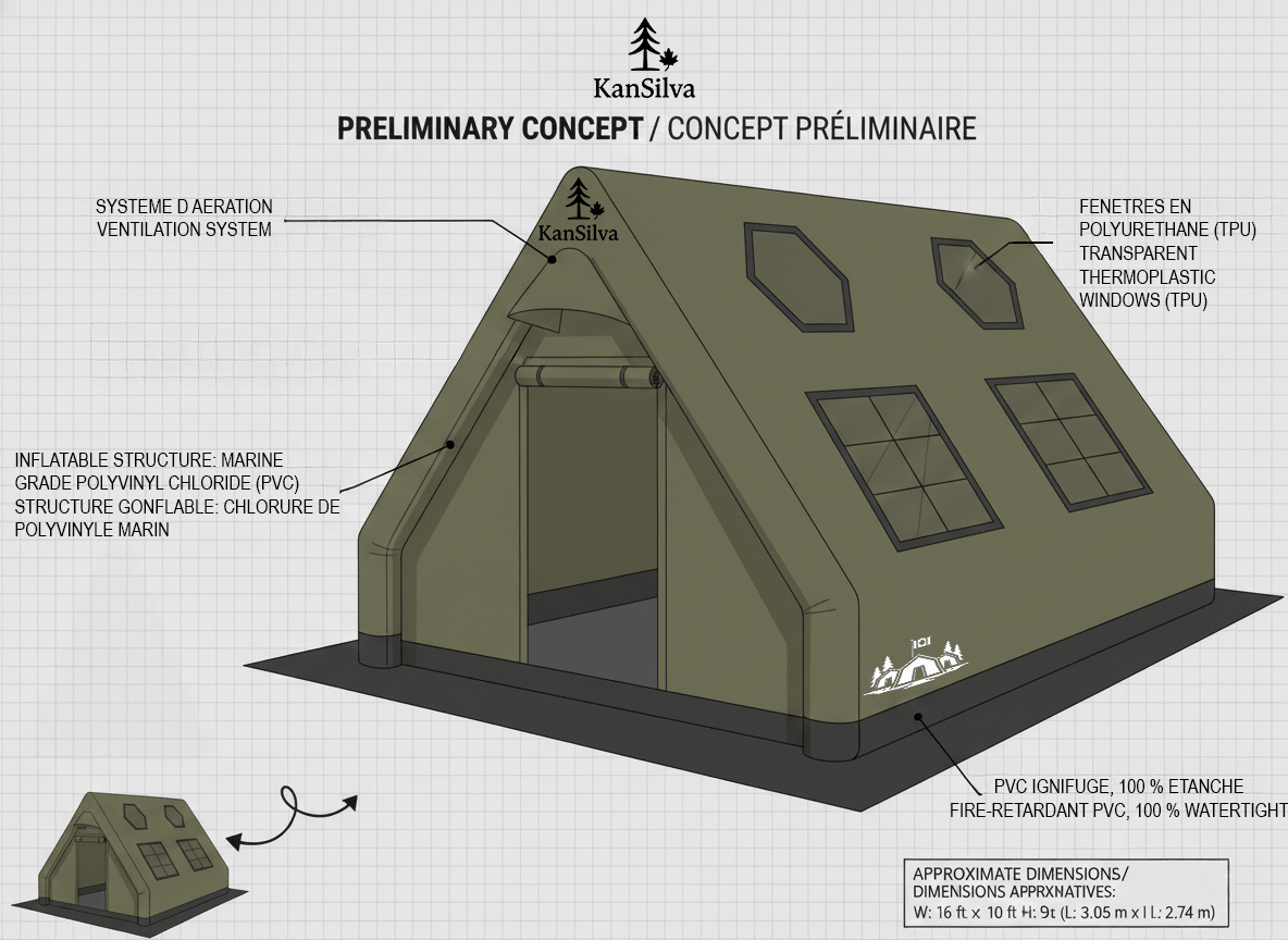 Croquis conceptuel de la tente Cagetown de KanSilva, modèle en développement inspiré des tentes militaires canadiennes.