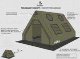 Croquis conceptuel de la tente Cagetown de KanSilva, modèle en développement inspiré des tentes militaires canadiennes.
