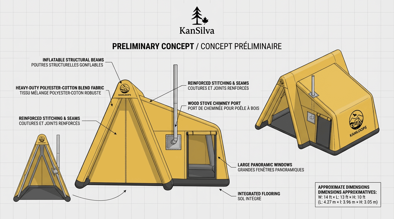 Croquis conceptuel de la tente Kamloops de KanSilva, modèle de glamping en développement inspiré des prairies canadiennes